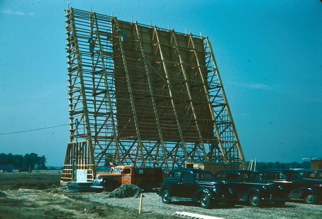 Starlite Drive-In Theatre - SCREEN-SIDE VIEW OF THE TOWER SHOWING SCAFFOLDING AND SHEATHING WORK